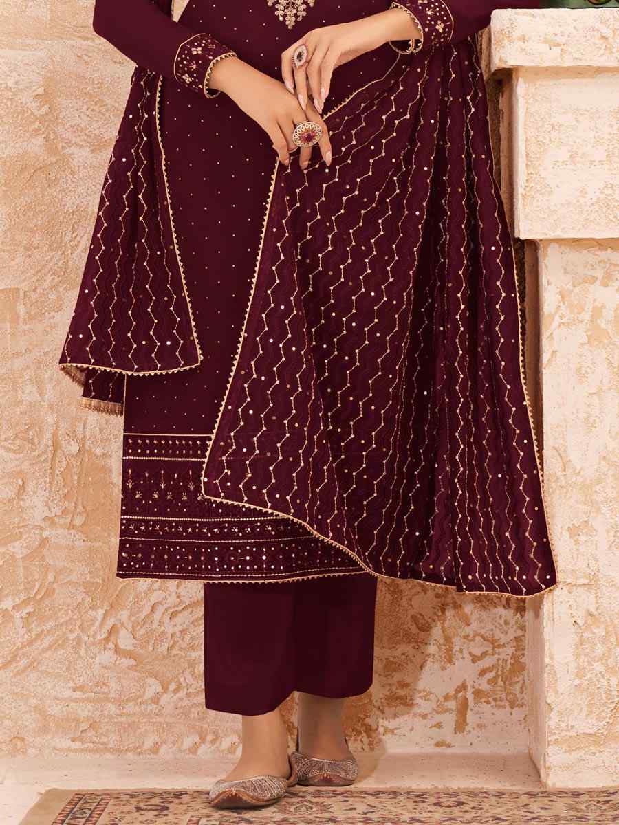 Maroon Faux Georgette Embroidered Festival Wedding Pant Salwar Kameez