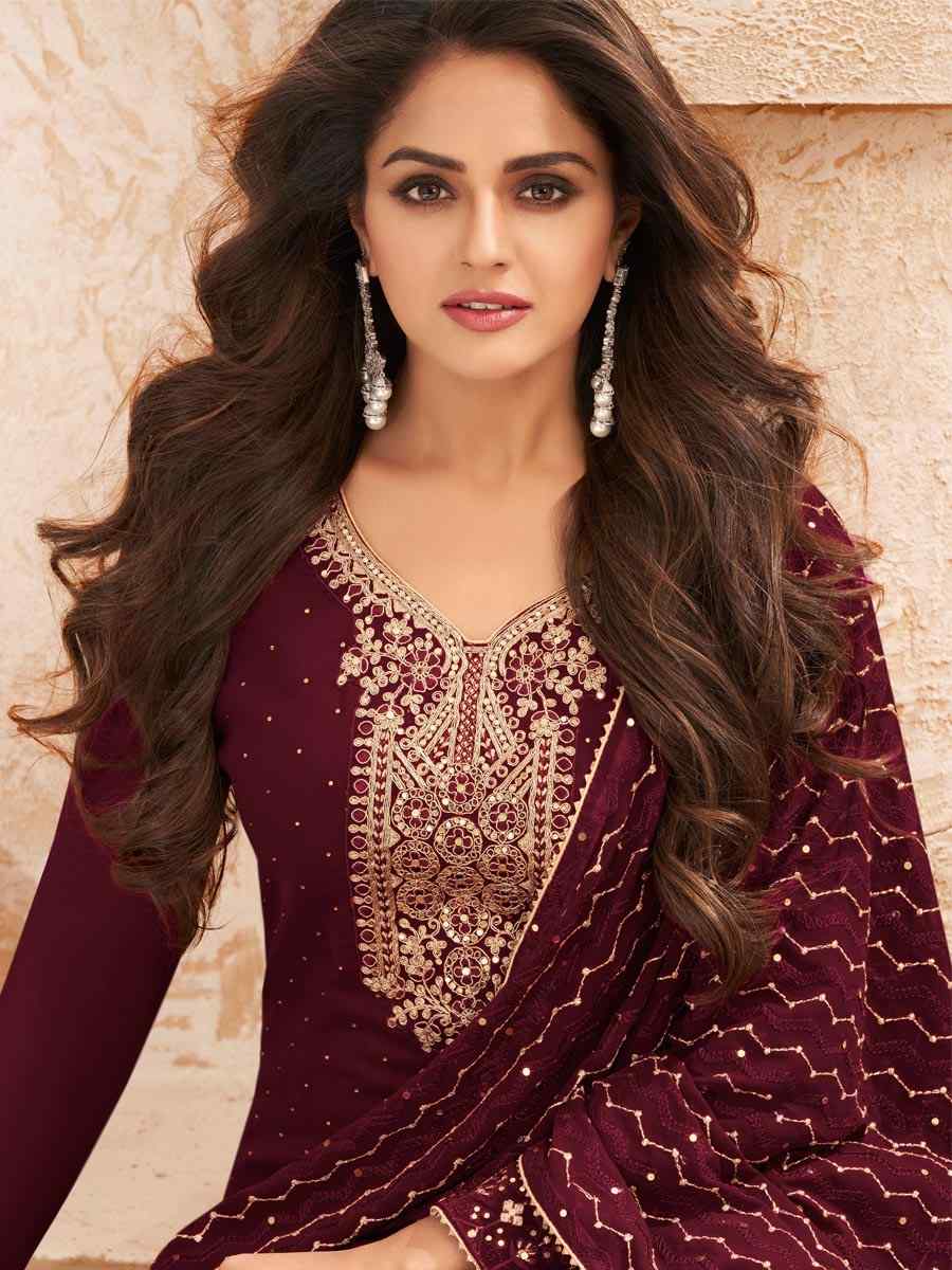 Maroon Faux Georgette Embroidered Festival Wedding Pant Salwar Kameez