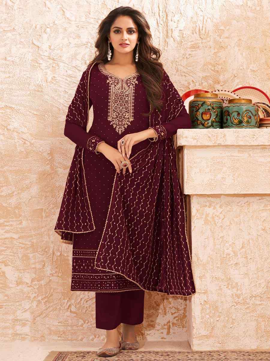 Maroon Faux Georgette Embroidered Festival Wedding Pant Salwar Kameez