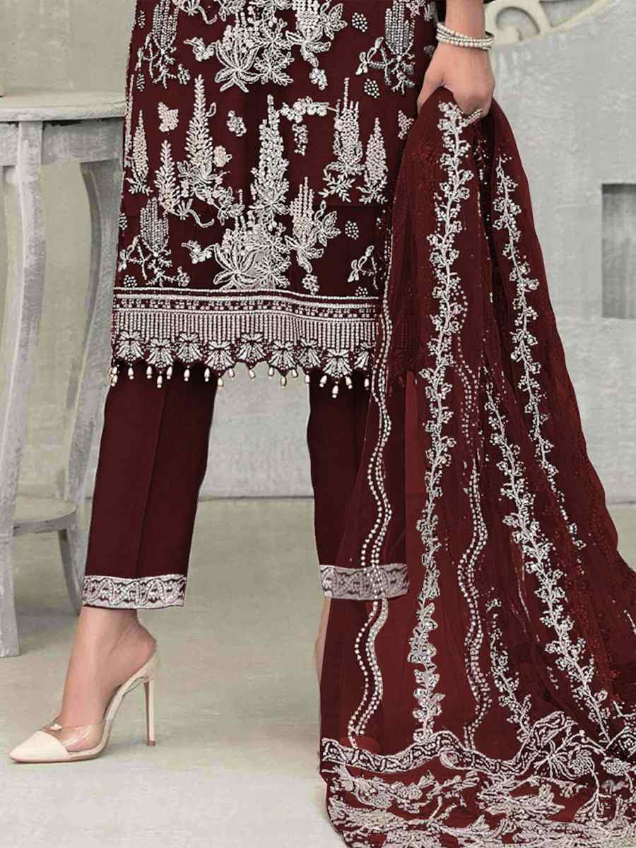 Maroon Faux Georgette Embroidered Festival Wedding Pant Salwar Kameez