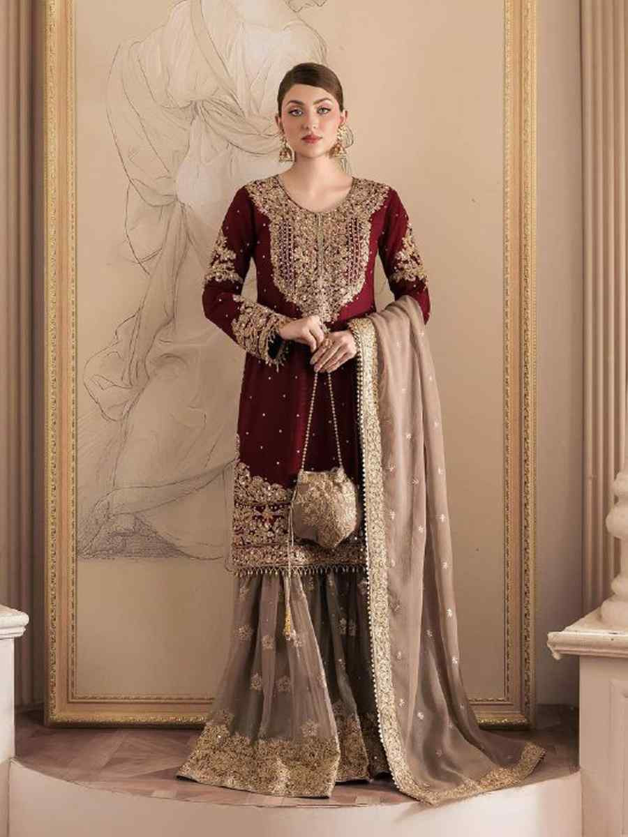 Maroon Faux Georgette Embroidered Festival Wedding Sharara Pant Salwar Kameez