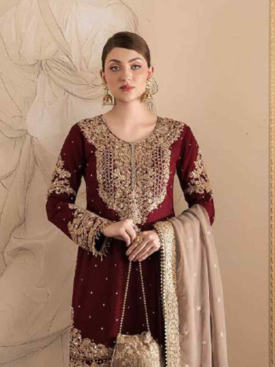 Maroon Faux Georgette Embroidered Festival Wedding Sharara Pant Salwar Kameez