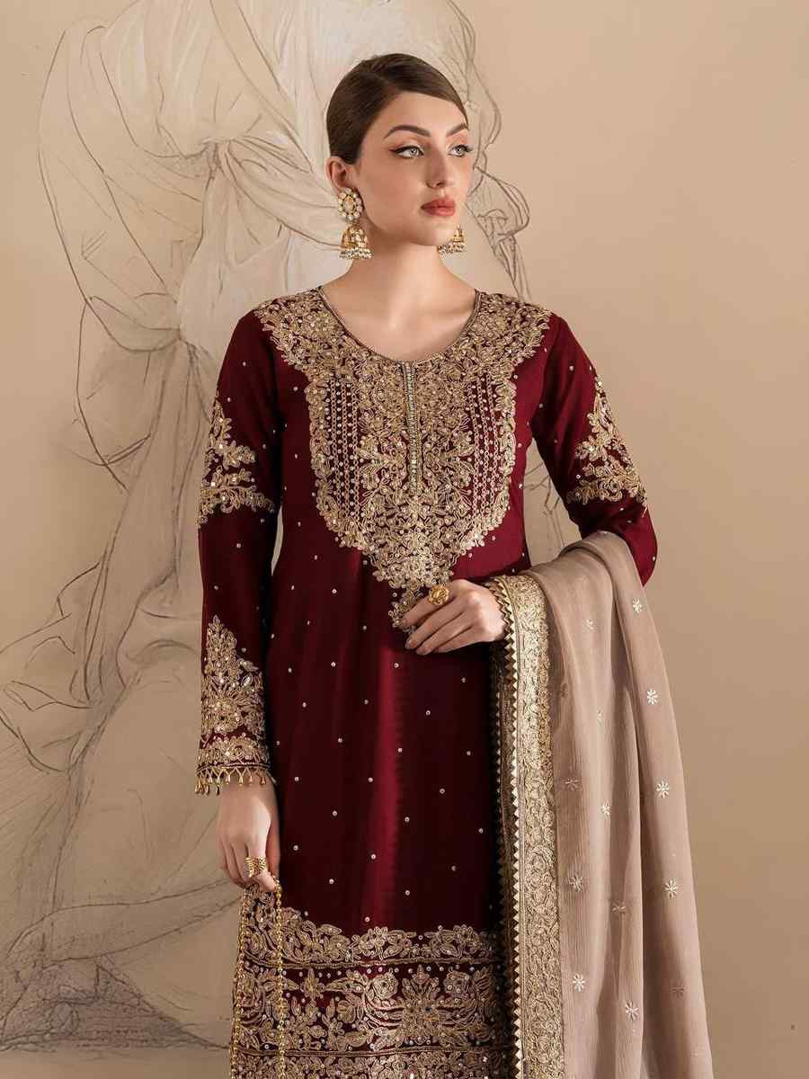 Maroon Faux Georgette Embroidered Festival Wedding Sharara Pant Salwar Kameez