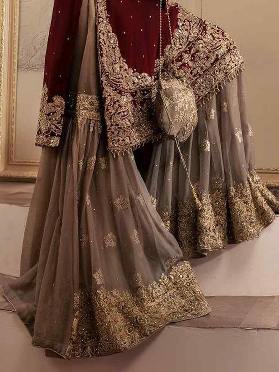 Maroon Faux Georgette Embroidered Festival Wedding Sharara Pant Salwar Kameez