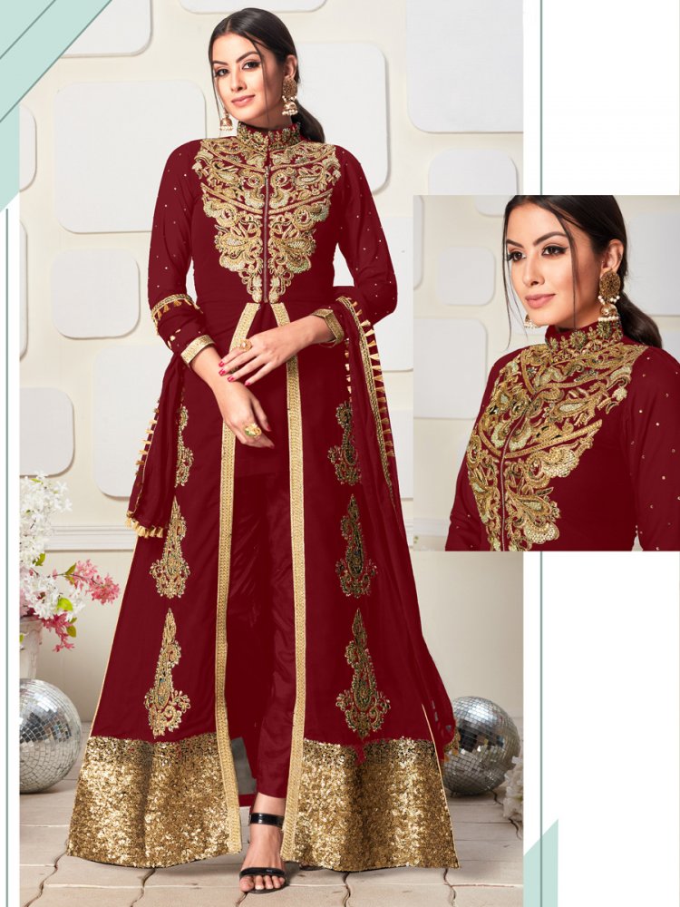 Maroon Faux Georgette Embroidered Party Lawn Kameez
