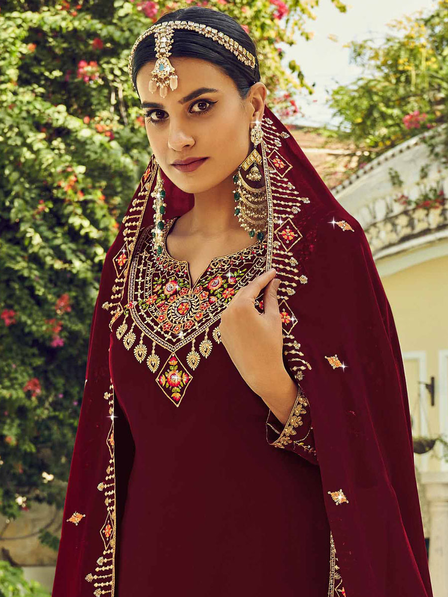 Maroon Faux Georgette Embroidered Party Sharara Pant Kameez