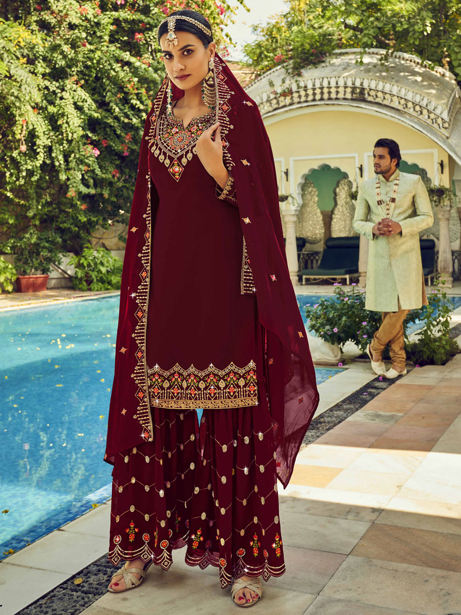 Maroon Faux Georgette Embroidered Party Sharara Pant Kameez