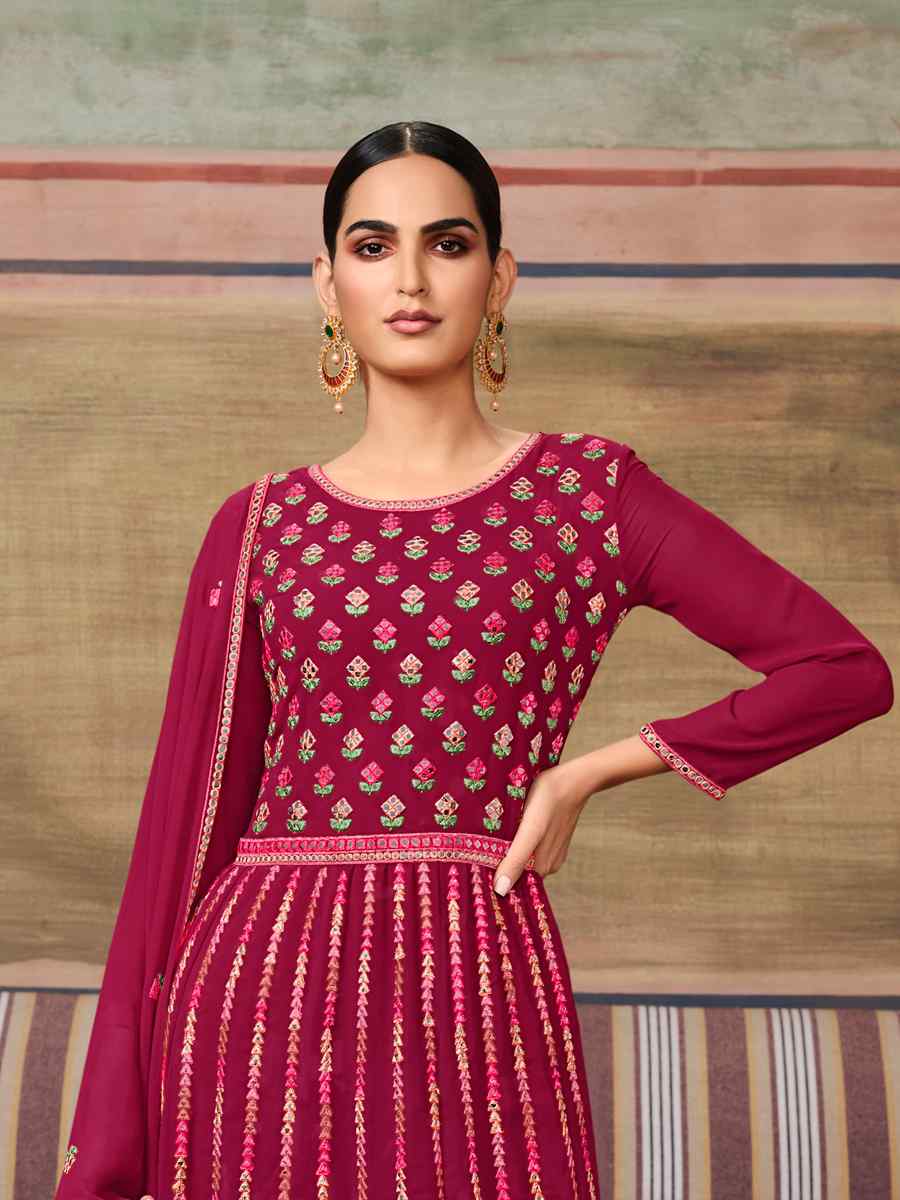 Maroon Faux Georgette Embroidered Wedding Mehendi Palazzo Pant Salwar Kameez