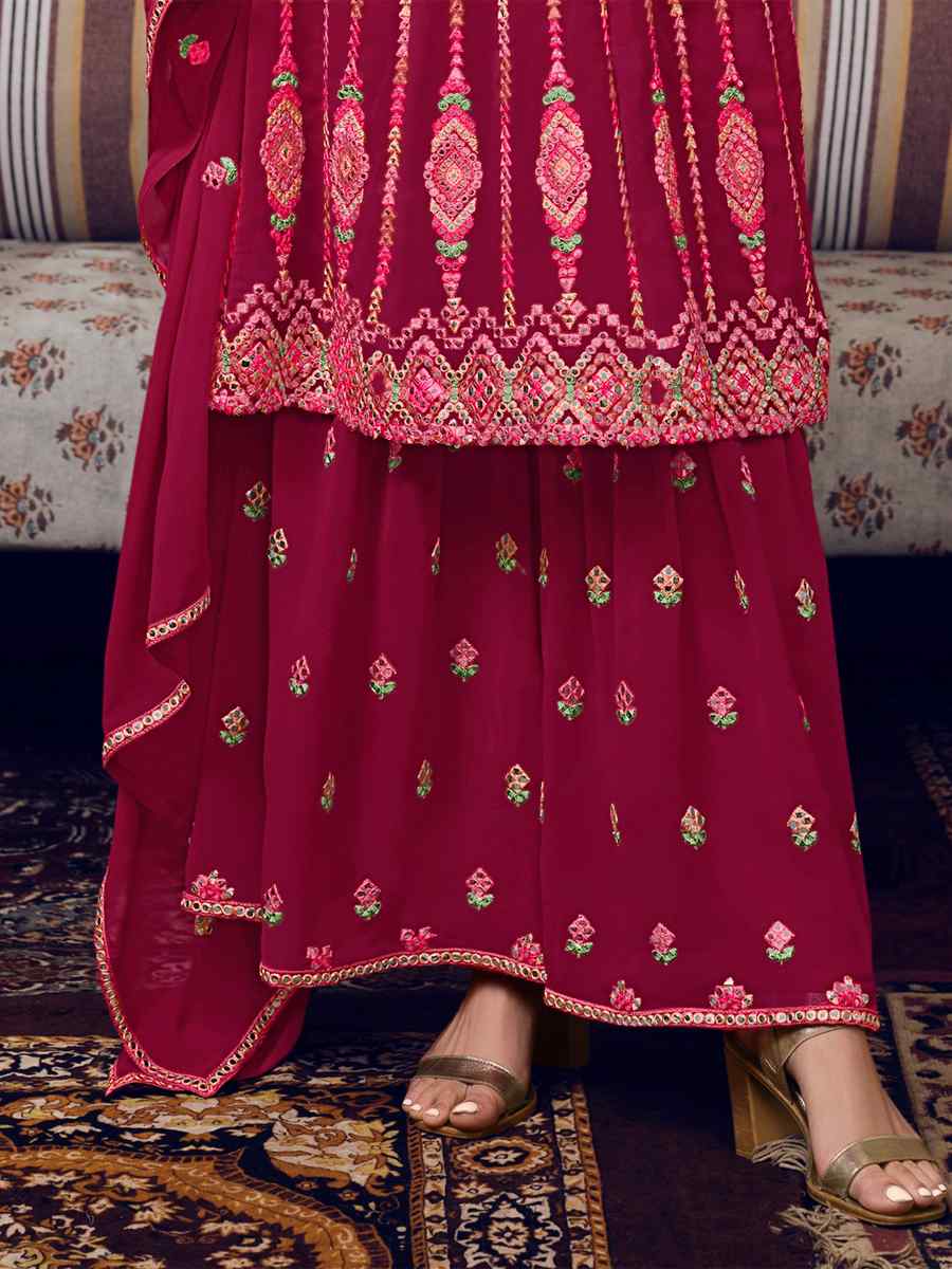 Maroon Faux Georgette Embroidered Wedding Mehendi Palazzo Pant Salwar Kameez