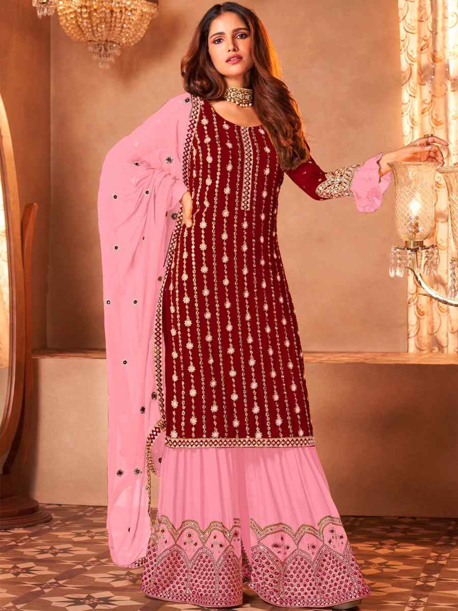 Maroon Faux Georgette Embroidered Wedding Party Sharara Pant Kameez