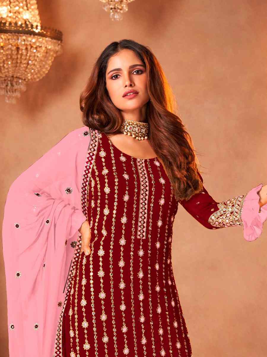 Maroon Faux Georgette Embroidered Wedding Party Sharara Pant Kameez