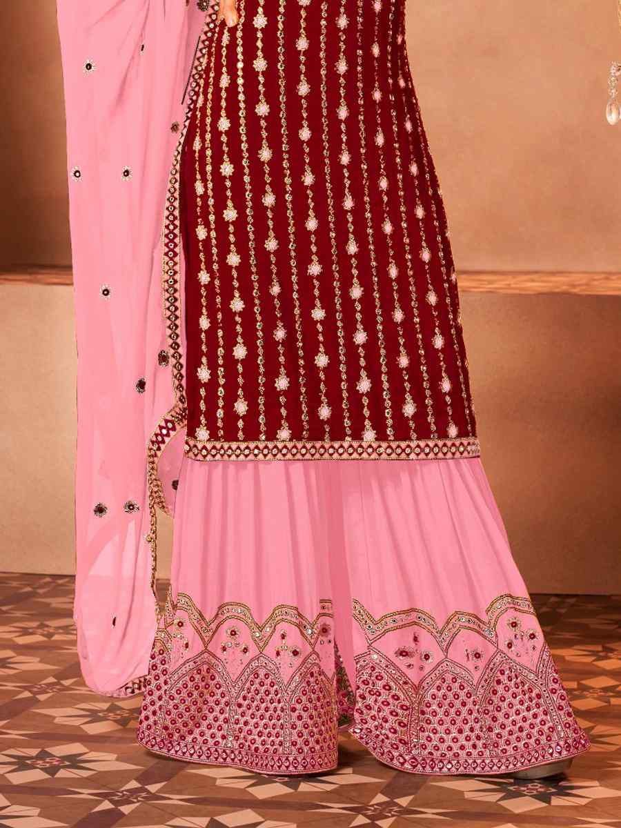 Maroon Faux Georgette Embroidered Wedding Party Sharara Pant Kameez