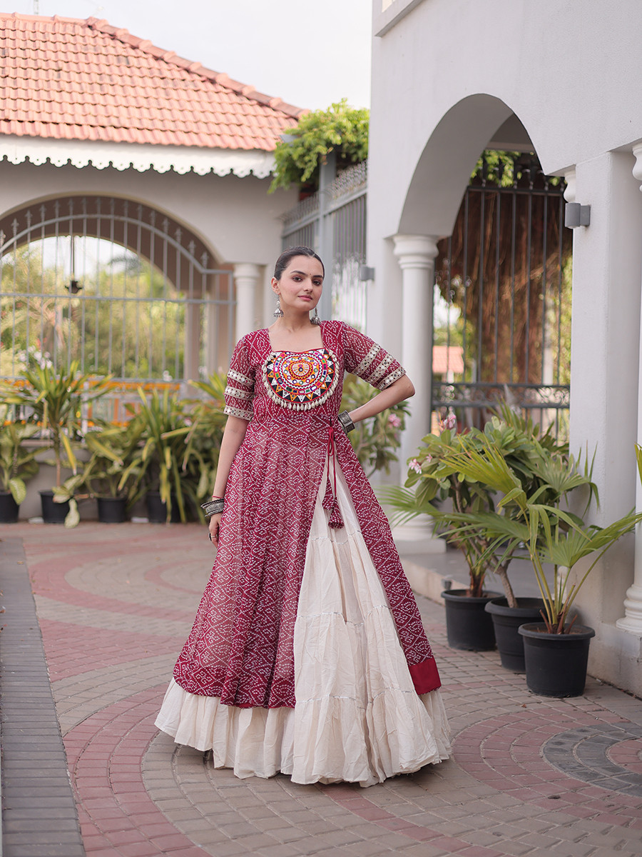 Maroon Faux Georgette Embroidery Stone Work Bandhani Printed Wedding Reception Festival Party Wear Kora Cotton Kurti Lehenga Choli