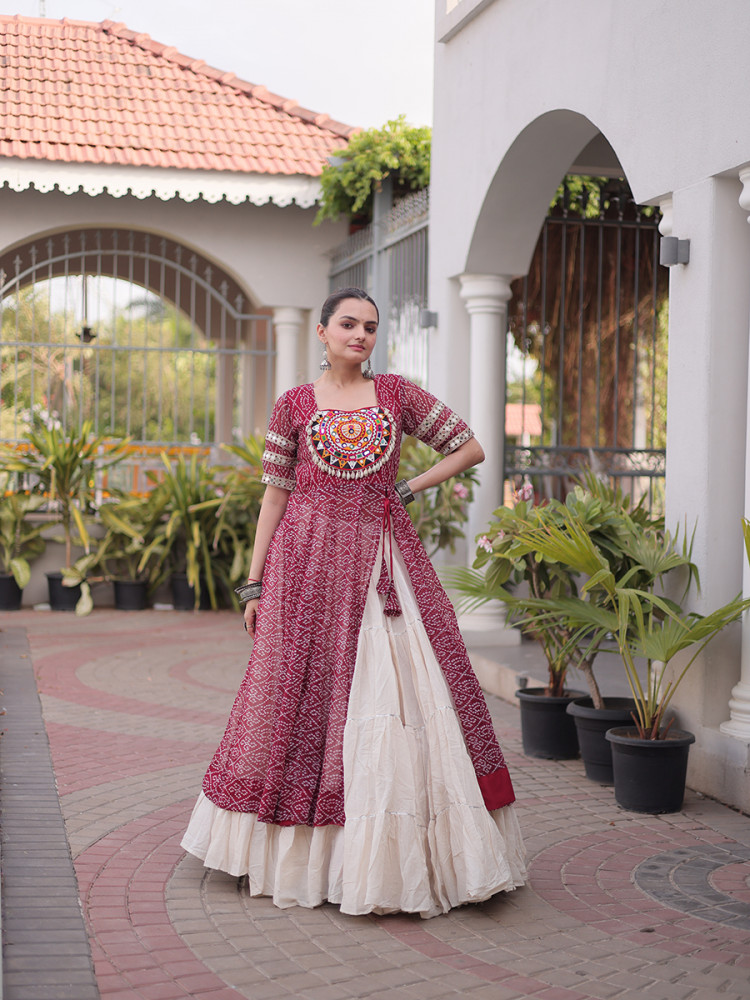 Image of Maroon Faux Georgette Embroidery Stone Work Bandhani Printed Wedding Reception Festival Party Wear Kora Cotton Kurti Lehenga Choli