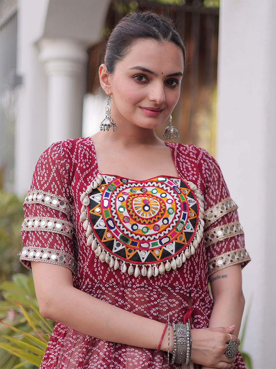 Maroon Faux Georgette Embroidery Stone Work Bandhani Printed Wedding Reception Festival Party Wear Kora Cotton Kurti Lehenga Choli
