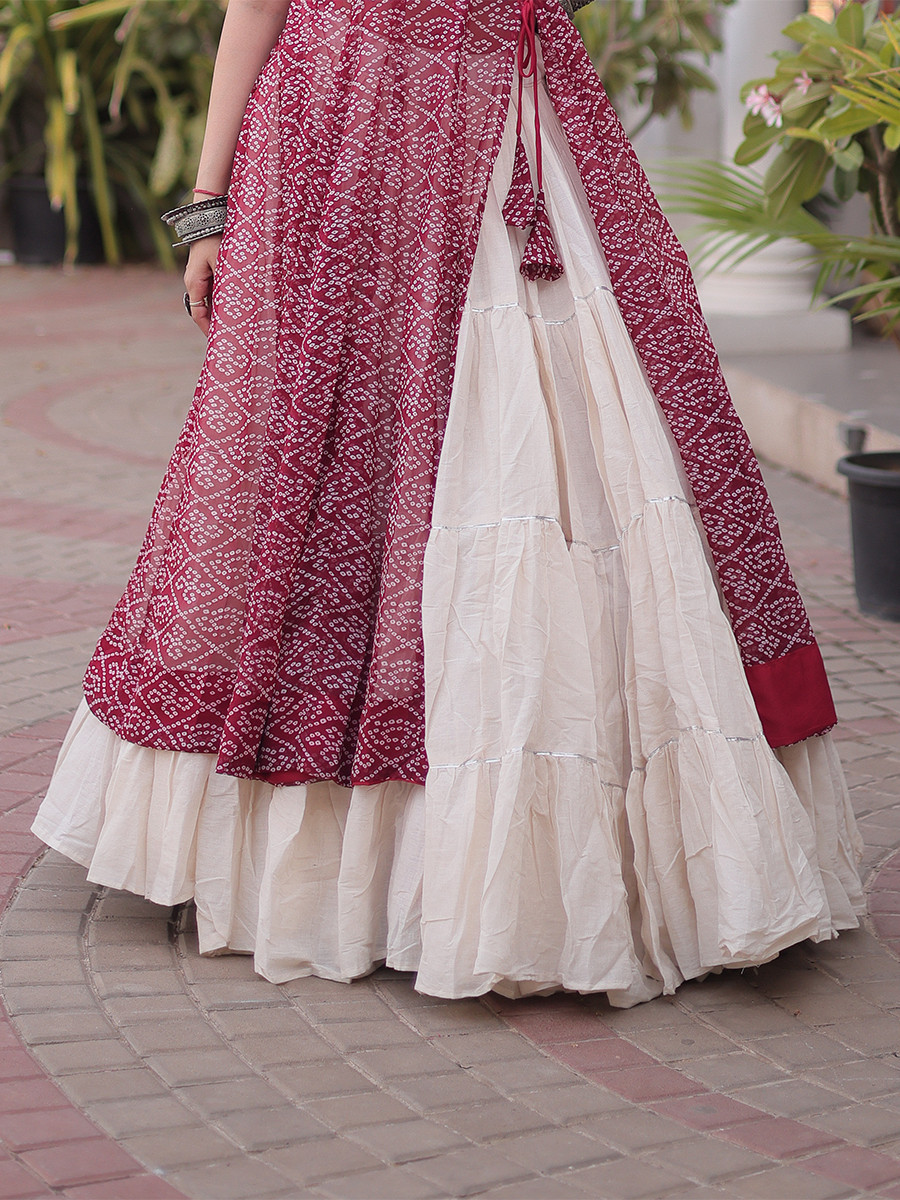 Maroon Faux Georgette Embroidery Stone Work Bandhani Printed Wedding Reception Festival Party Wear Kora Cotton Kurti Lehenga Choli
