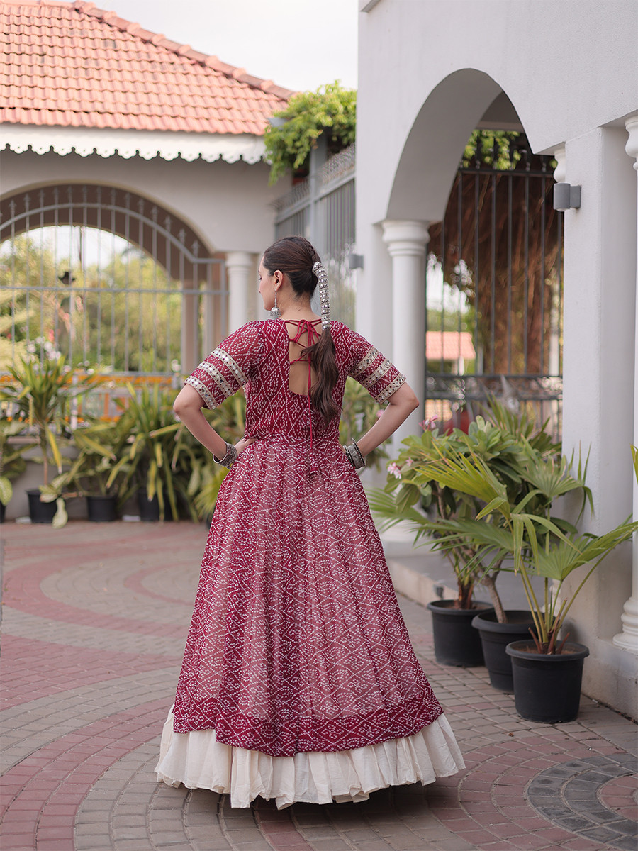 Maroon Faux Georgette Embroidery Stone Work Bandhani Printed Wedding Reception Festival Party Wear Kora Cotton Kurti Lehenga Choli