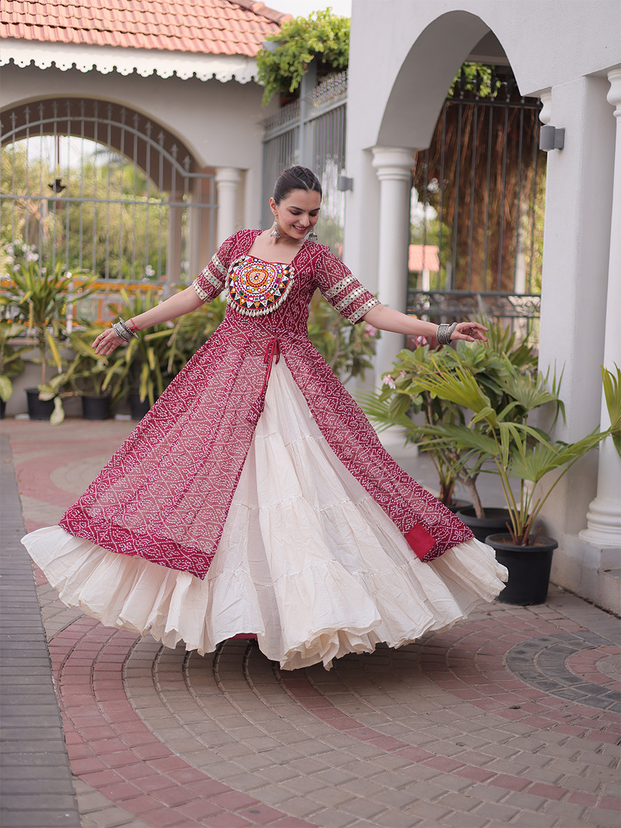 Maroon Faux Georgette Embroidery Stone Work Bandhani Printed Wedding Reception Festival Party Wear Kora Cotton Kurti Lehenga Choli
