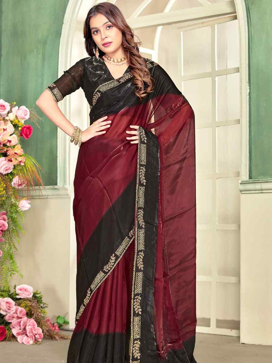 Maroon Fendi Satin Silk Embroidery Bridal Reception Festival Wedding Fancy Classic Heavy Border Saree