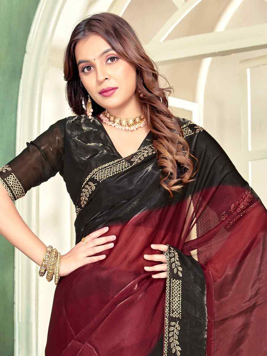 Maroon Fendi Satin Silk Embroidery Bridal Reception Festival Wedding Fancy Classic Heavy Border Saree