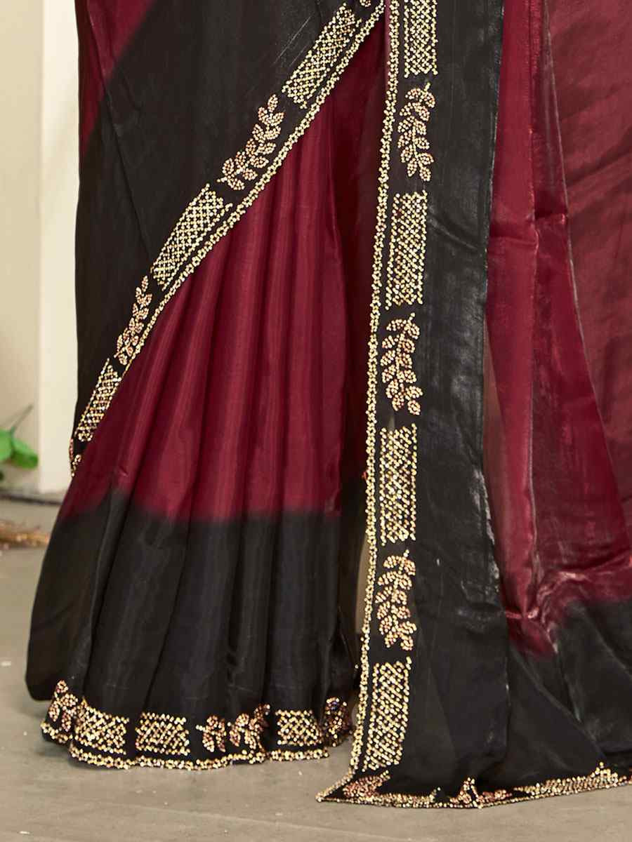 Maroon Fendi Satin Silk Embroidery Bridal Reception Festival Wedding Fancy Classic Heavy Border Saree