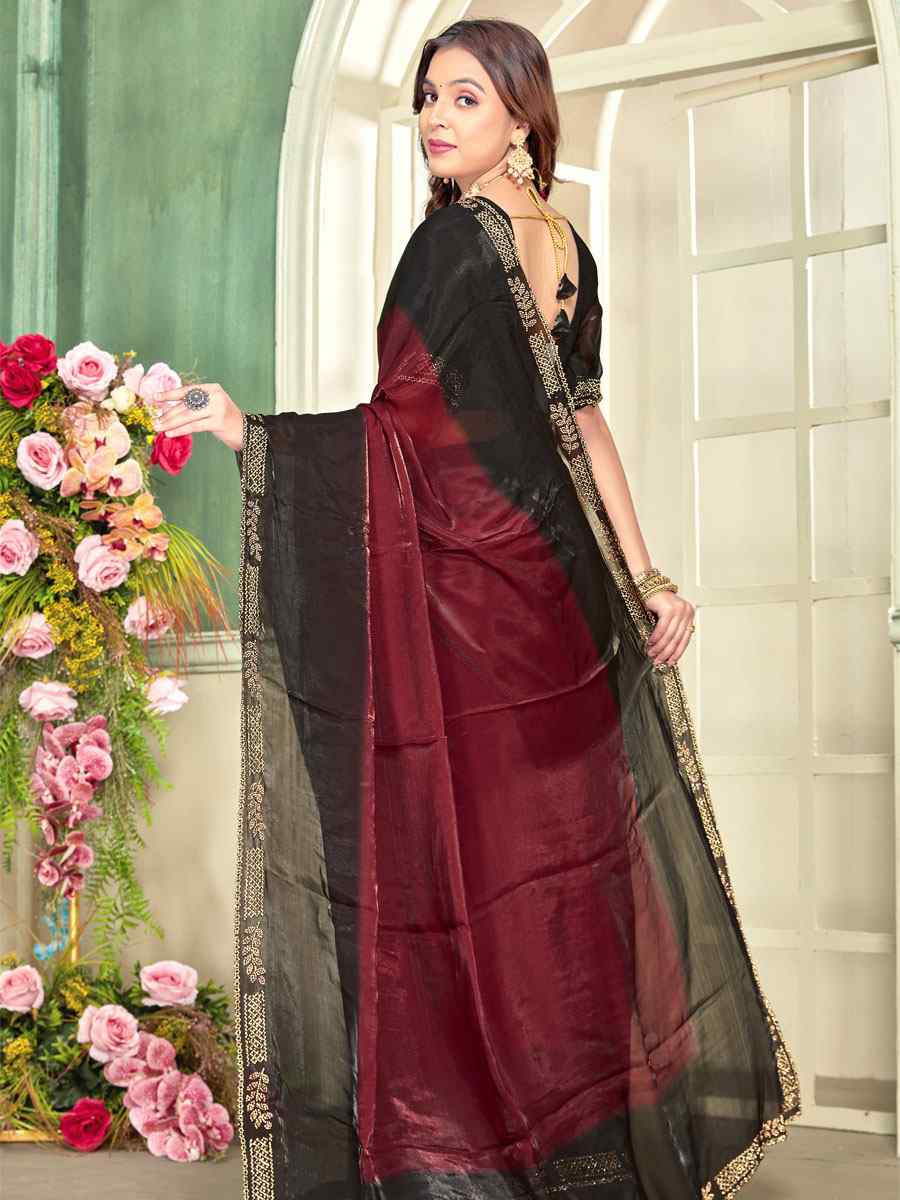 Maroon Fendi Satin Silk Embroidery Bridal Reception Festival Wedding Fancy Classic Heavy Border Saree