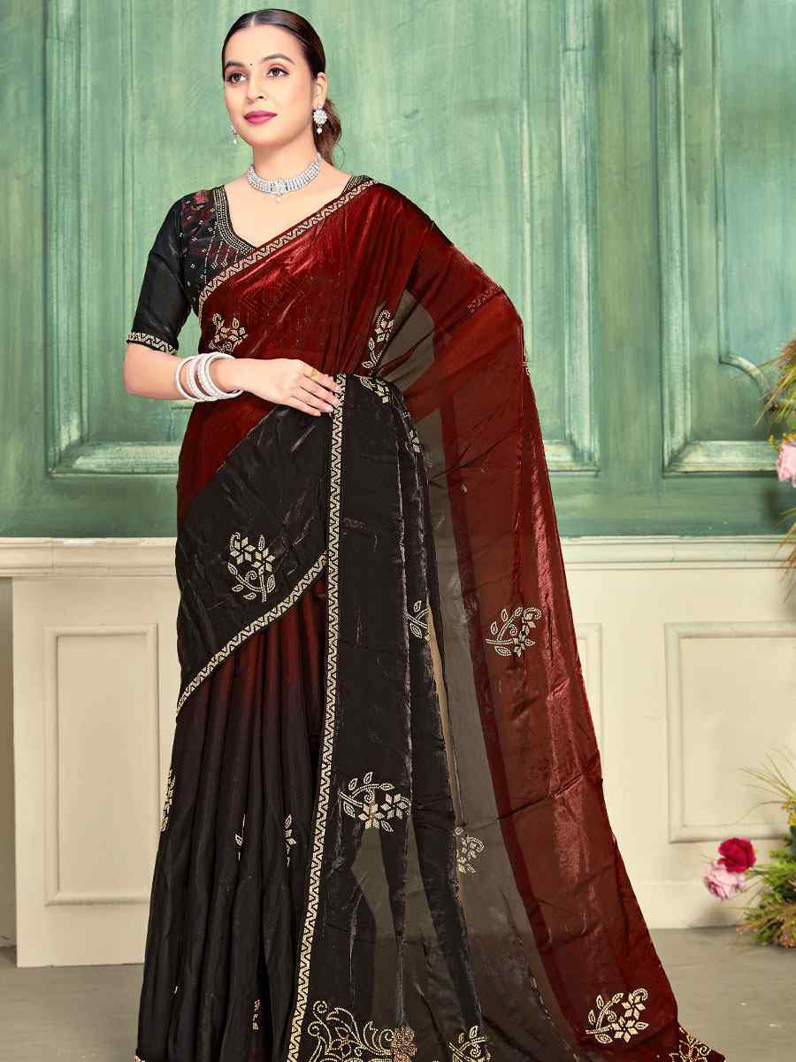 Maroon Fendi Satin Silk Embroidery Bridal Reception Festival Wedding Fancy Classic Heavy Border Saree