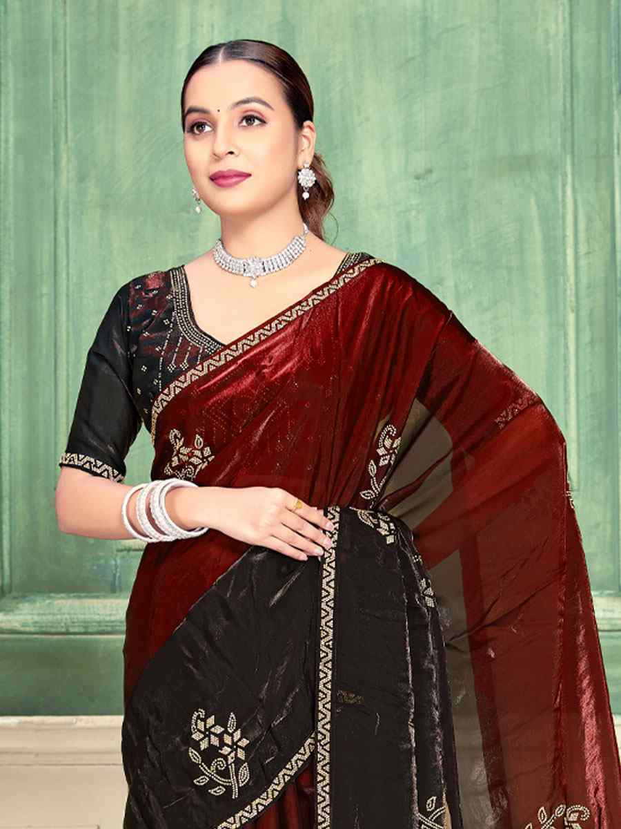 Maroon Fendi Satin Silk Embroidery Bridal Reception Festival Wedding Fancy Classic Heavy Border Saree