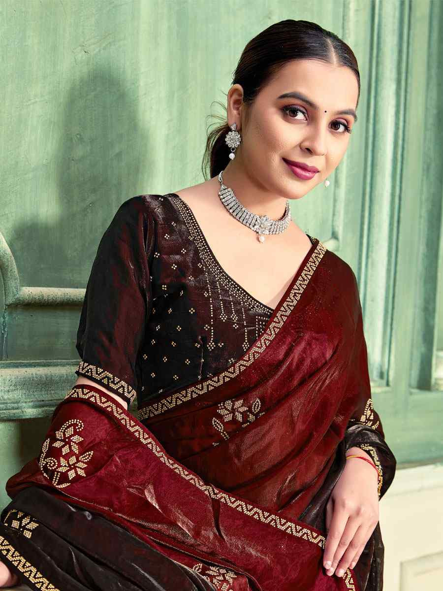 Maroon Fendi Satin Silk Embroidery Bridal Reception Festival Wedding Fancy Classic Heavy Border Saree