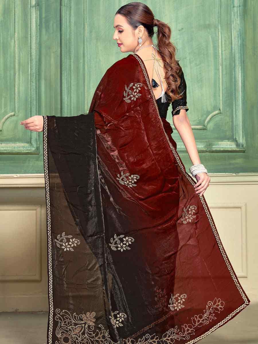 Maroon Fendi Satin Silk Embroidery Bridal Reception Festival Wedding Fancy Classic Heavy Border Saree