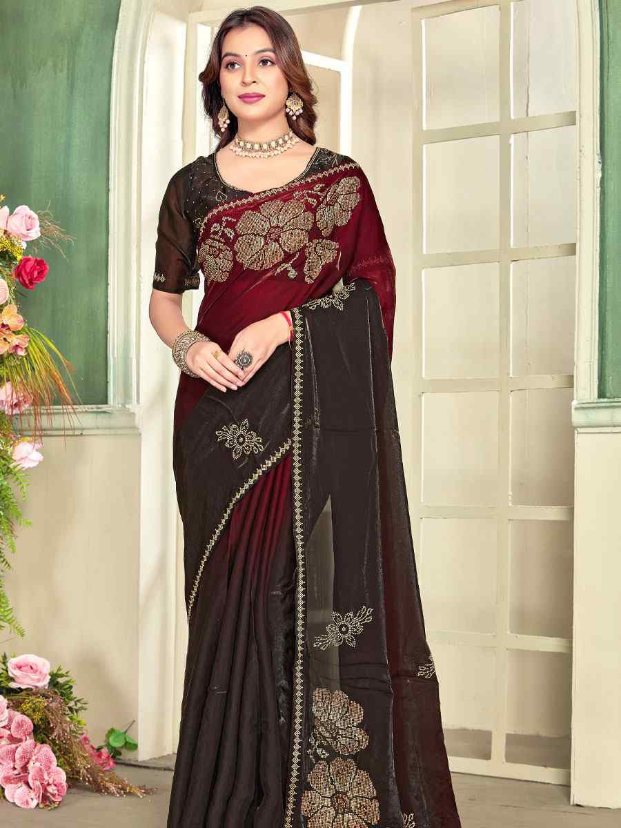 Maroon Fendi Satin Silk Zircon Hand Embroidery Bridal Reception Festival Wedding Fancy Heavy Border Sarees
