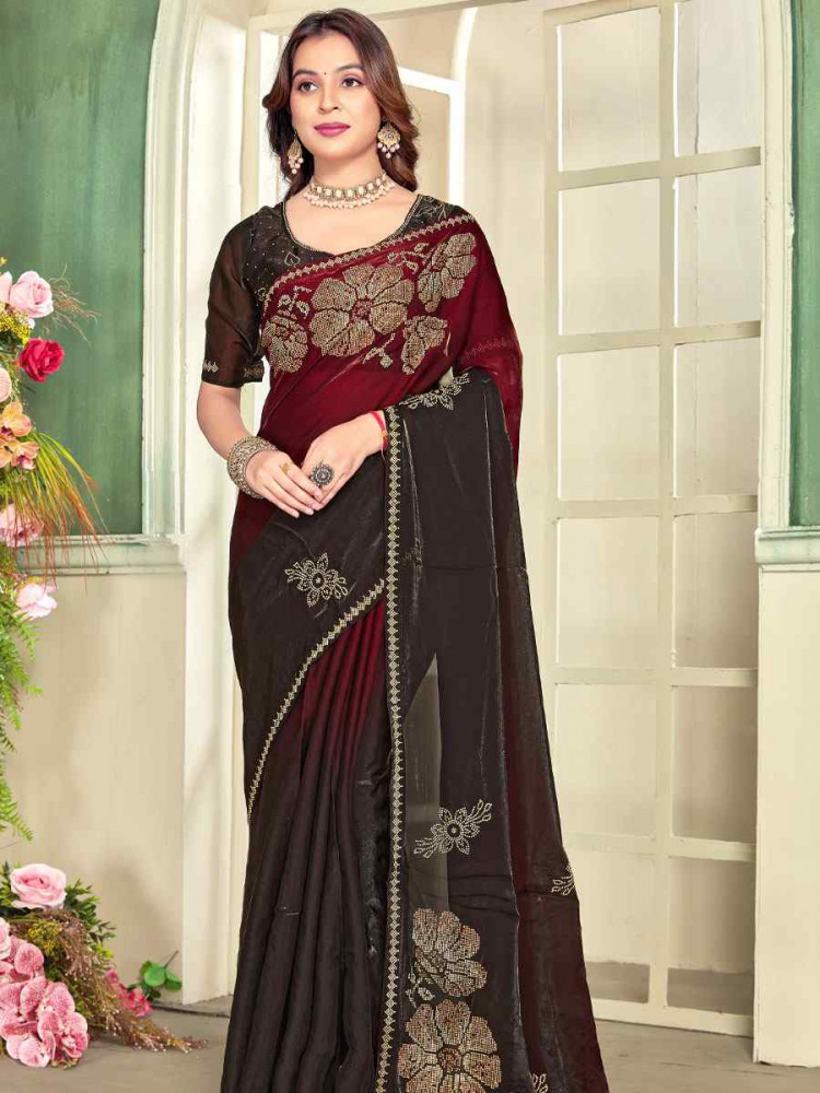 Image of Maroon Fendi Satin Silk Zircon Hand Embroidery Bridal Reception Festival Wedding Fancy Heavy Border Sarees