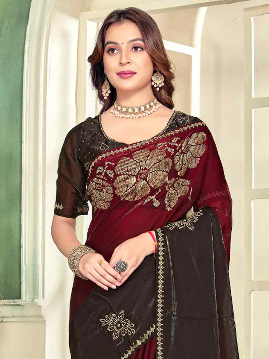 Maroon Fendi Satin Silk Zircon Hand Embroidery Bridal Reception Festival Wedding Fancy Heavy Border Sarees