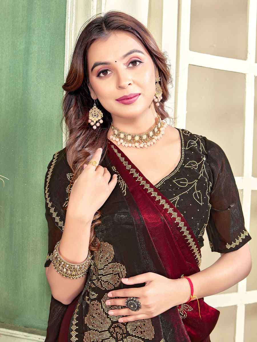 Maroon Fendi Satin Silk Zircon Hand Embroidery Bridal Reception Festival Wedding Fancy Heavy Border Sarees