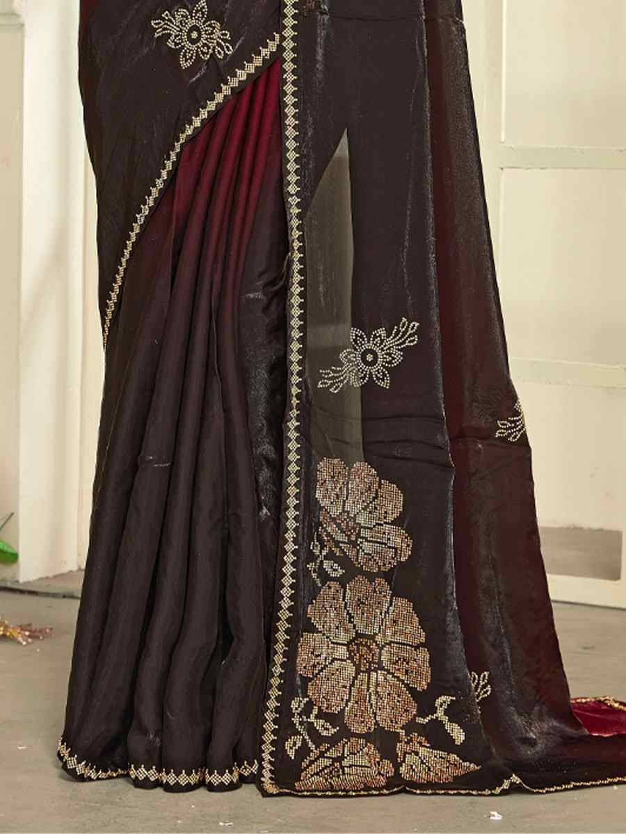 Maroon Fendi Satin Silk Zircon Hand Embroidery Bridal Reception Festival Wedding Fancy Heavy Border Sarees