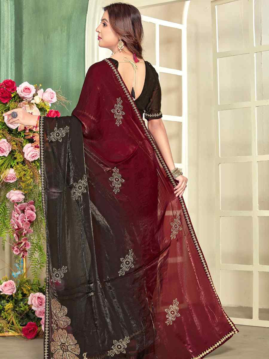 Maroon Fendi Satin Silk Zircon Hand Embroidery Bridal Reception Festival Wedding Fancy Heavy Border Sarees
