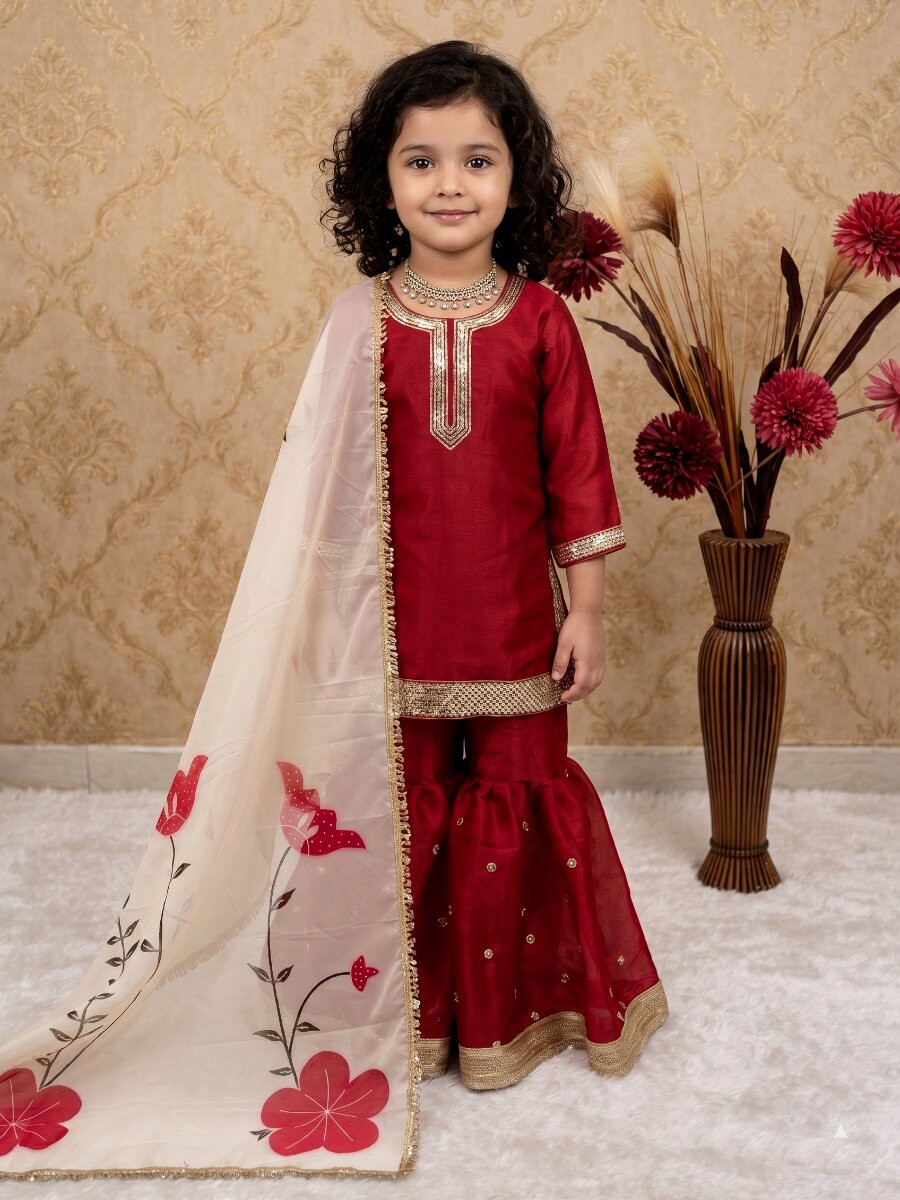 Maroon Fendi silk Embroidered Sequins Ethnic Casual Festival Party Wedding Kurta Sharara Girls Wear