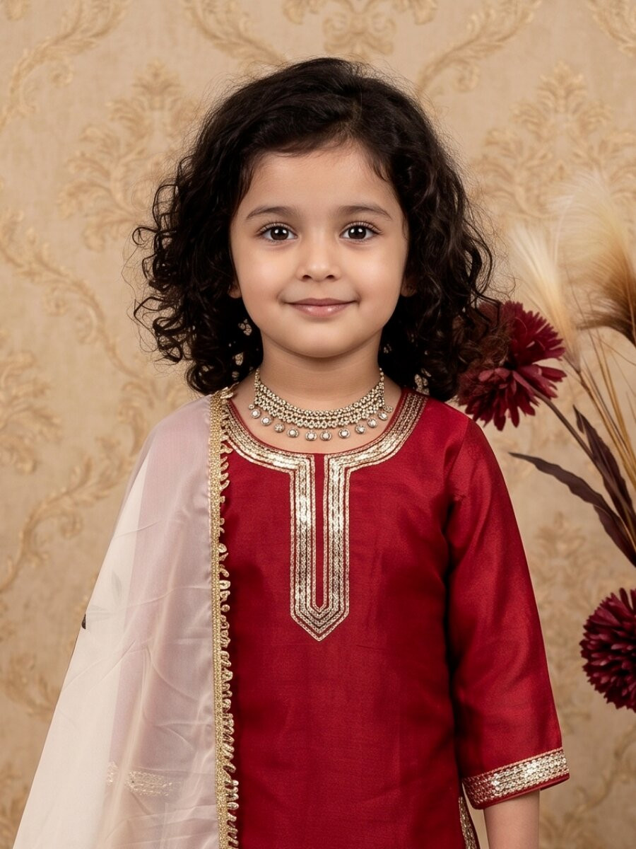 Maroon Fendi silk Embroidered Sequins Ethnic Casual Festival Party Wedding Kurta Sharara Girls Wear