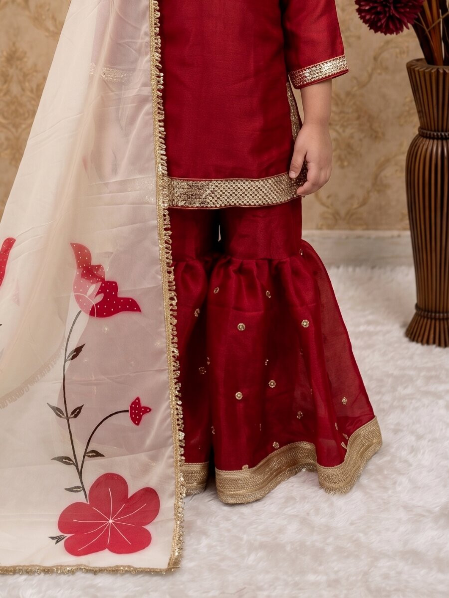 Maroon Fendi silk Embroidered Sequins Ethnic Casual Festival Party Wedding Kurta Sharara Girls Wear