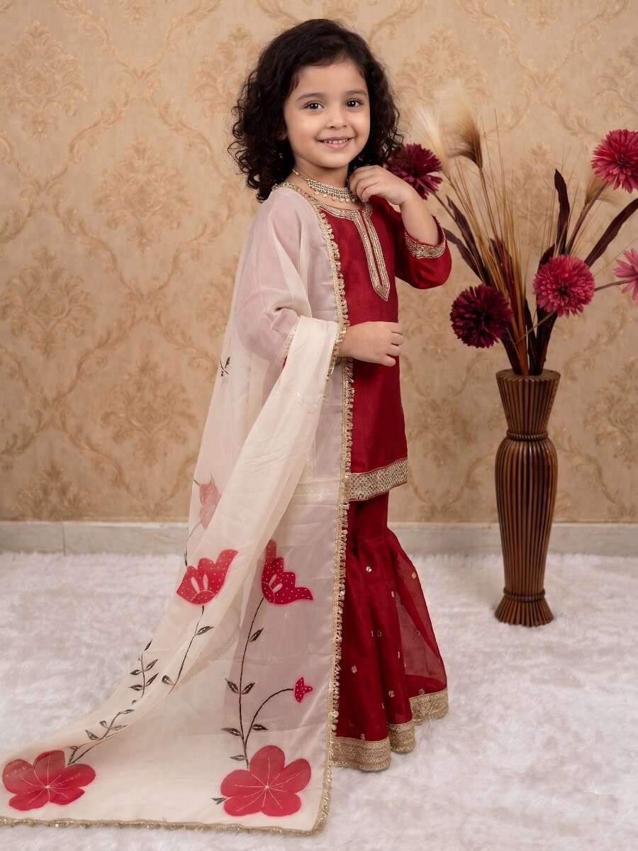 Maroon Fendi silk Embroidered Sequins Ethnic Casual Festival Party Wedding Kurta Sharara Girls Wear