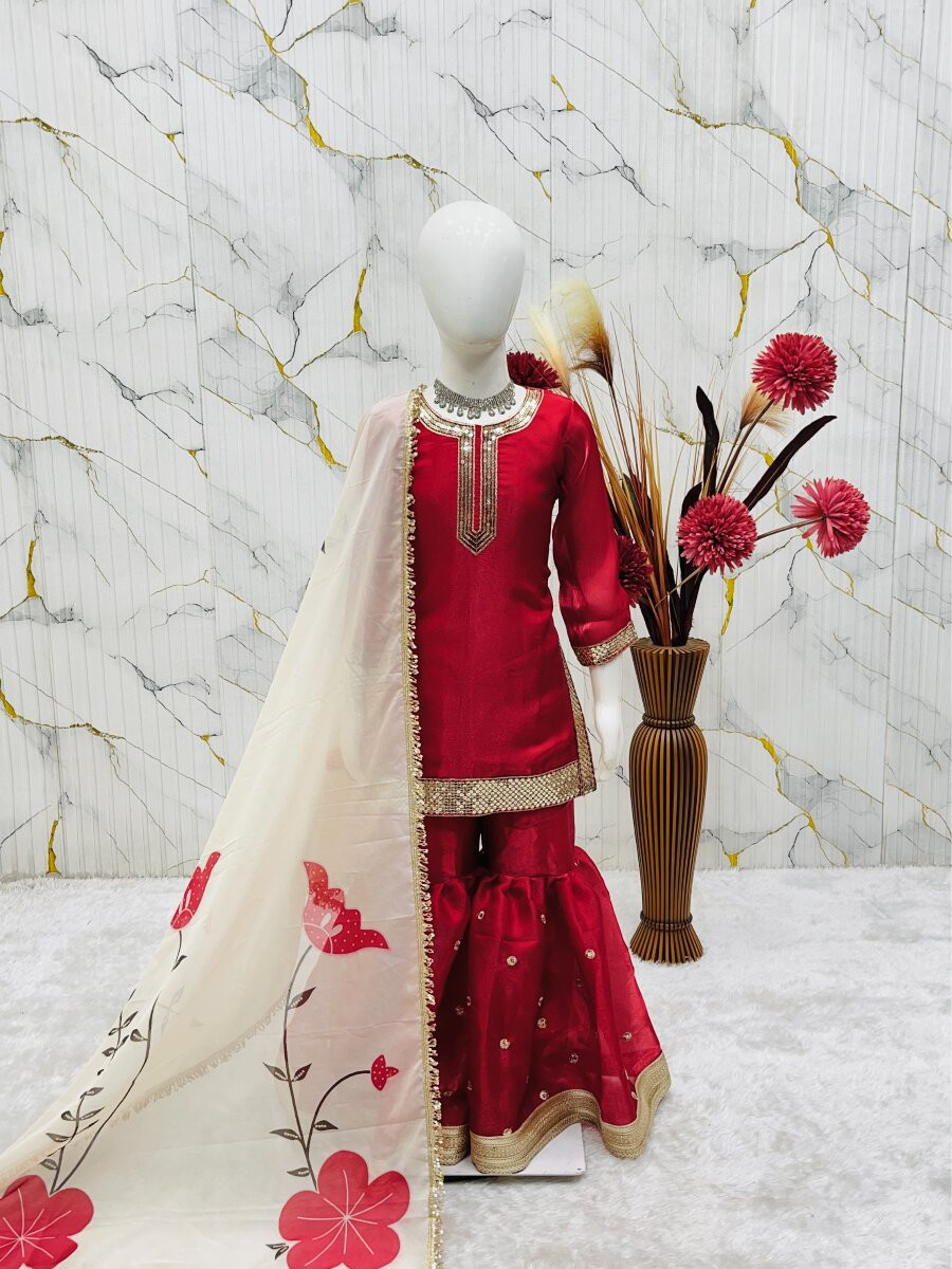 Maroon Fendi silk Embroidered Sequins Ethnic Casual Festival Party Wedding Kurta Sharara Girls Wear