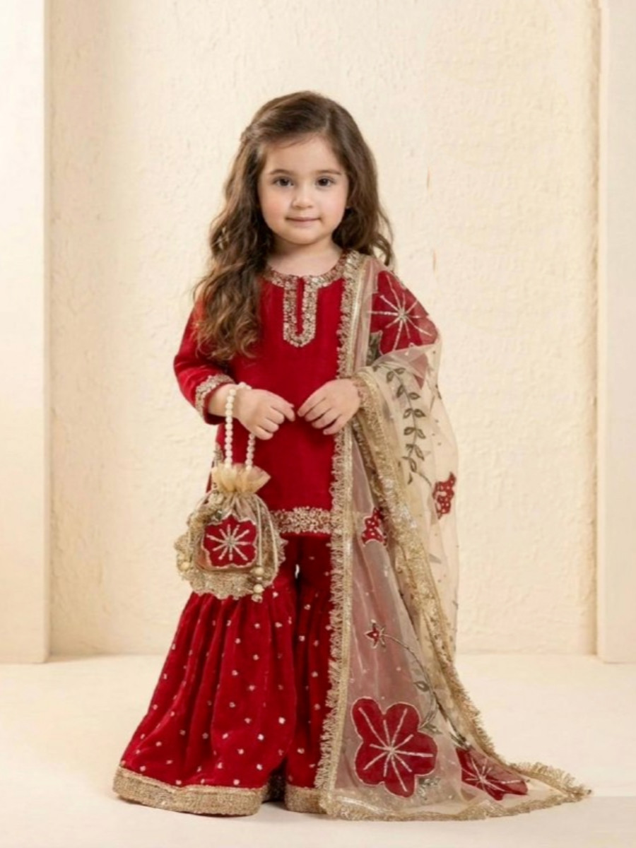 Maroon Fendi Silk Embroidered Sequins Wedding Party Festival Ready Kurta Sharara Girls Wear