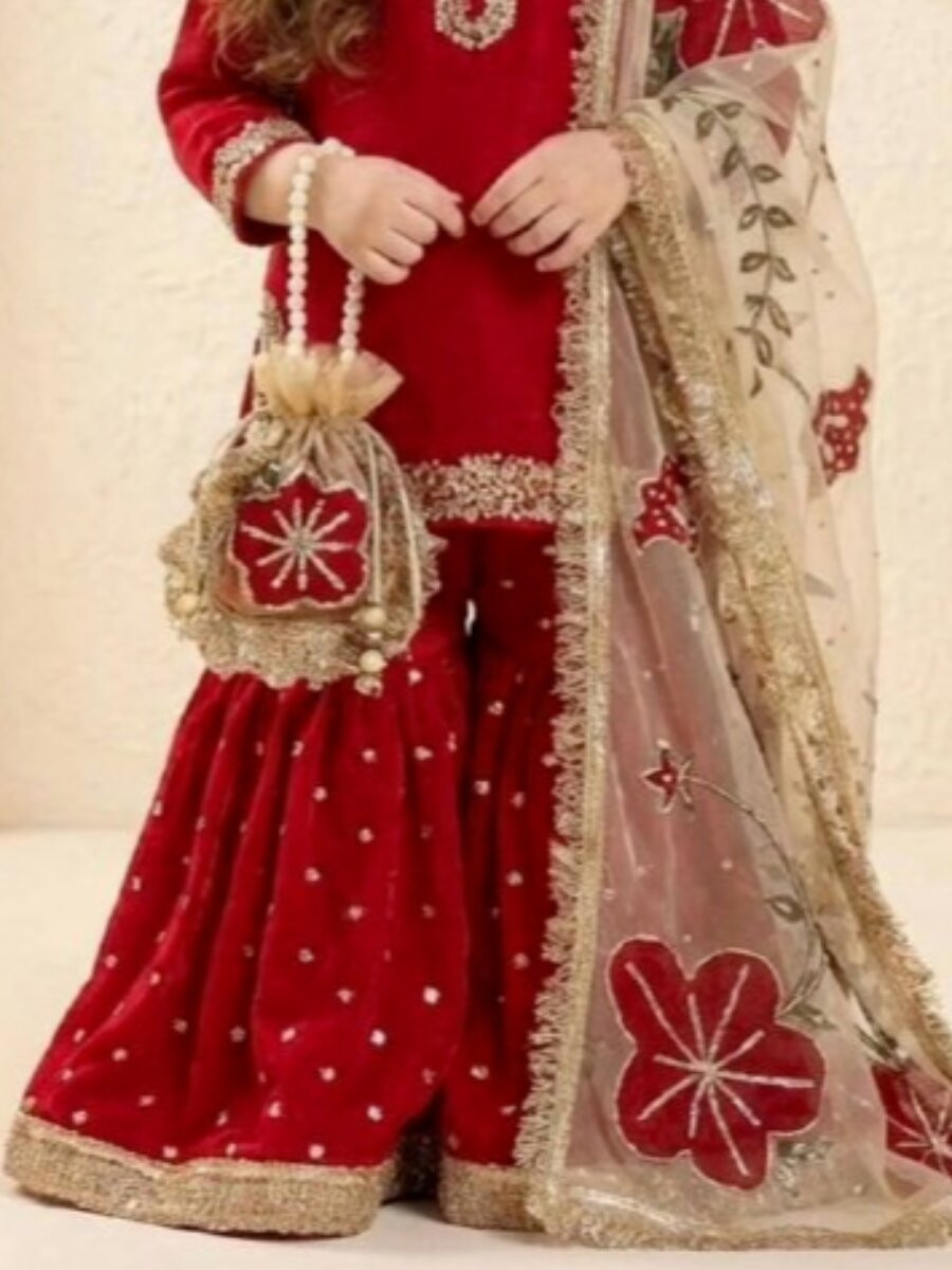 Maroon Fendi Silk Embroidered Sequins Wedding Party Festival Ready Kurta Sharara Girls Wear