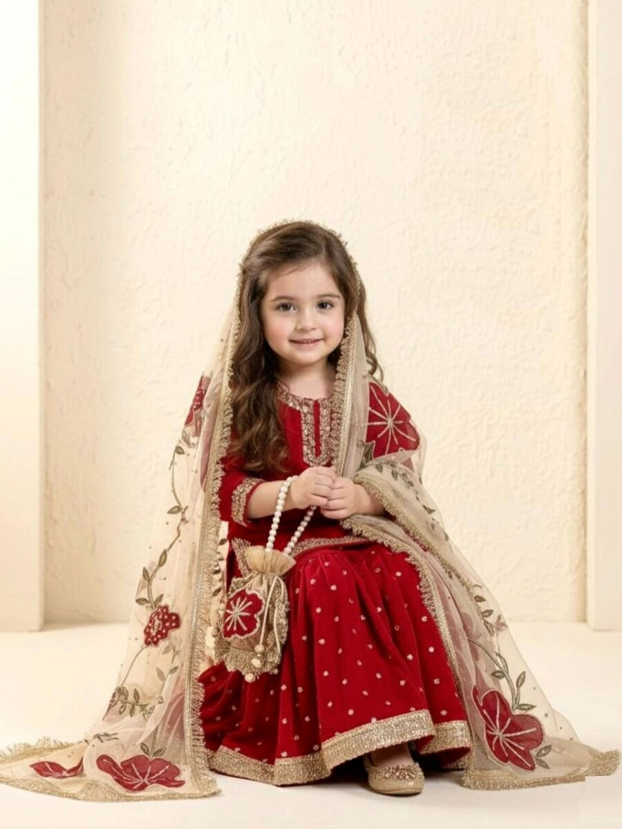 Maroon Fendi Silk Embroidered Sequins Wedding Party Festival Ready Kurta Sharara Girls Wear