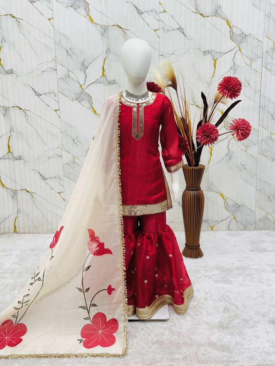 Maroon Fendi Silk Embroidered Sequins Wedding Party Festival Ready Kurta Sharara Girls Wear