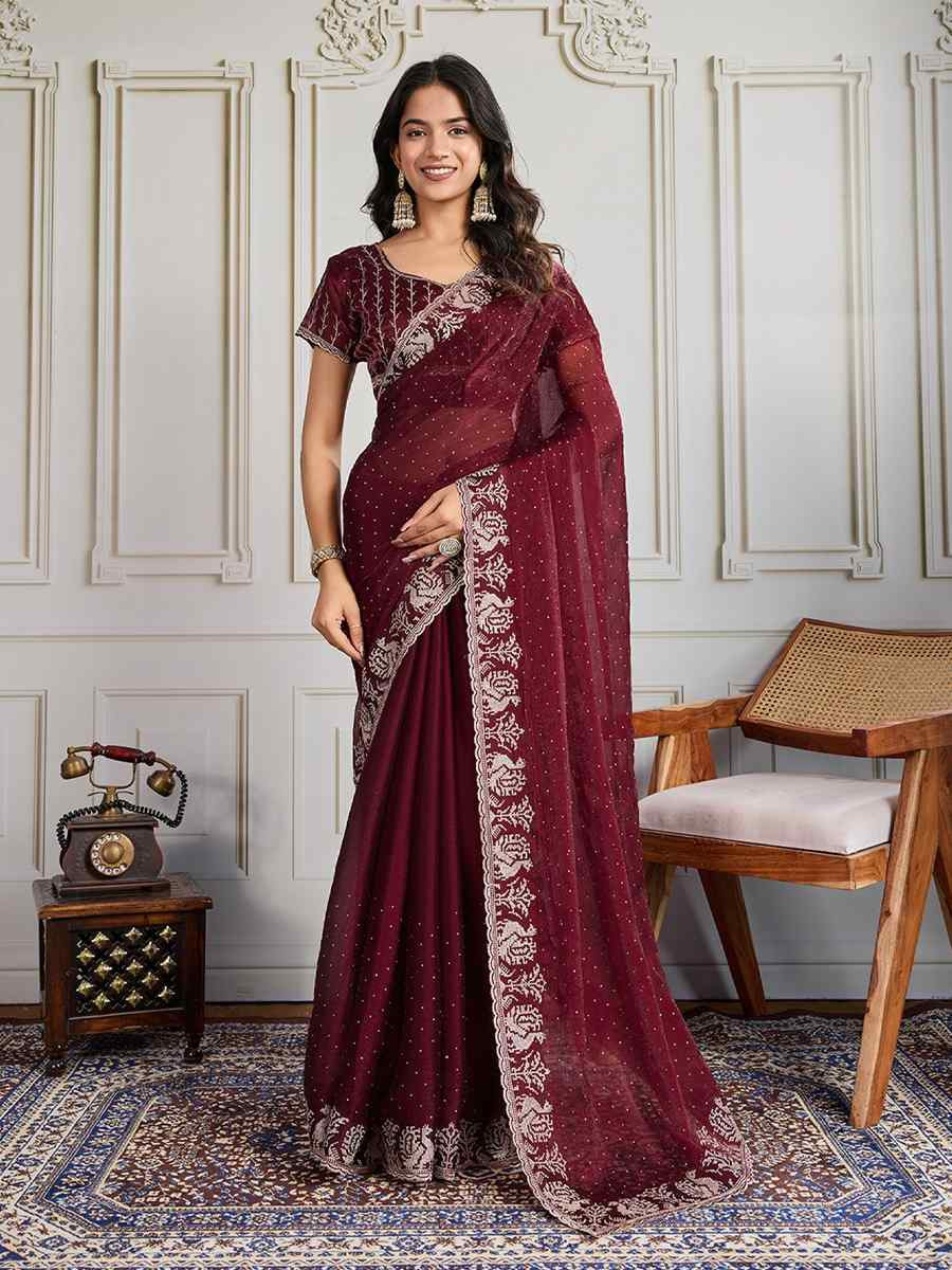 Maroon Fendy Chiffon silk Embroidery Traditional Bridal Reception Festival Wedding Fancy Heavy Border Saree
