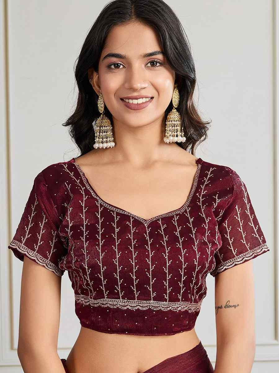 Maroon Fendy Chiffon silk Embroidery Traditional Bridal Reception Festival Wedding Fancy Heavy Border Saree