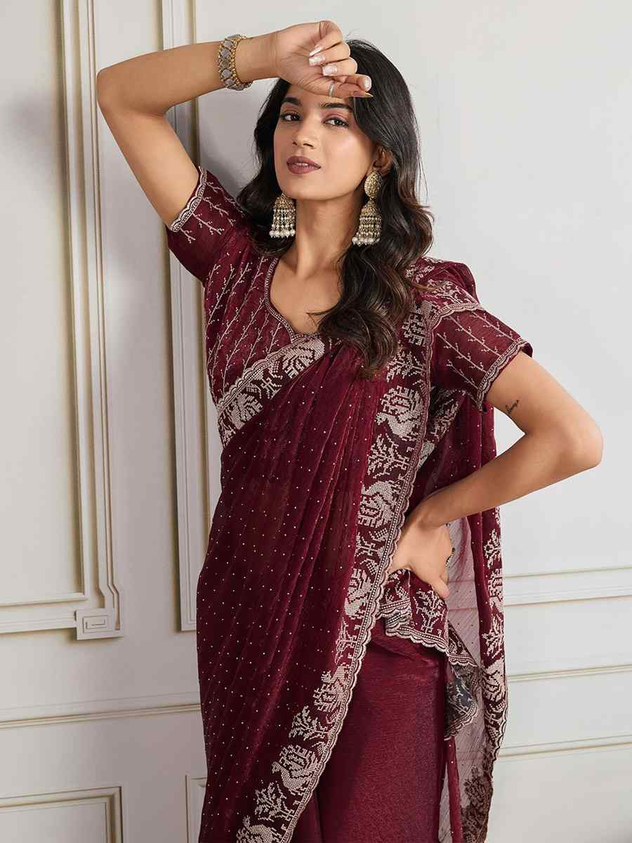 Maroon Fendy Chiffon silk Embroidery Traditional Bridal Reception Festival Wedding Fancy Heavy Border Saree