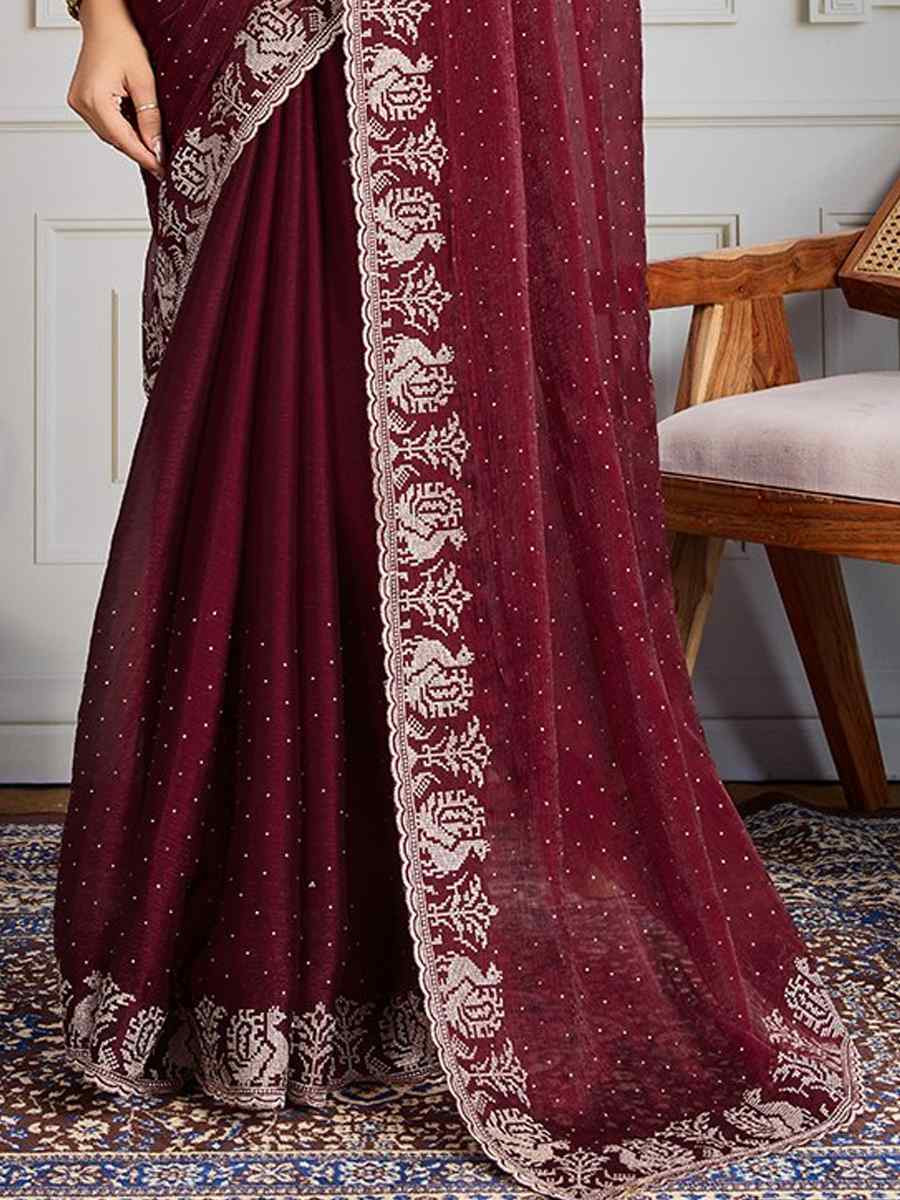 Maroon Fendy Chiffon silk Embroidery Traditional Bridal Reception Festival Wedding Fancy Heavy Border Saree