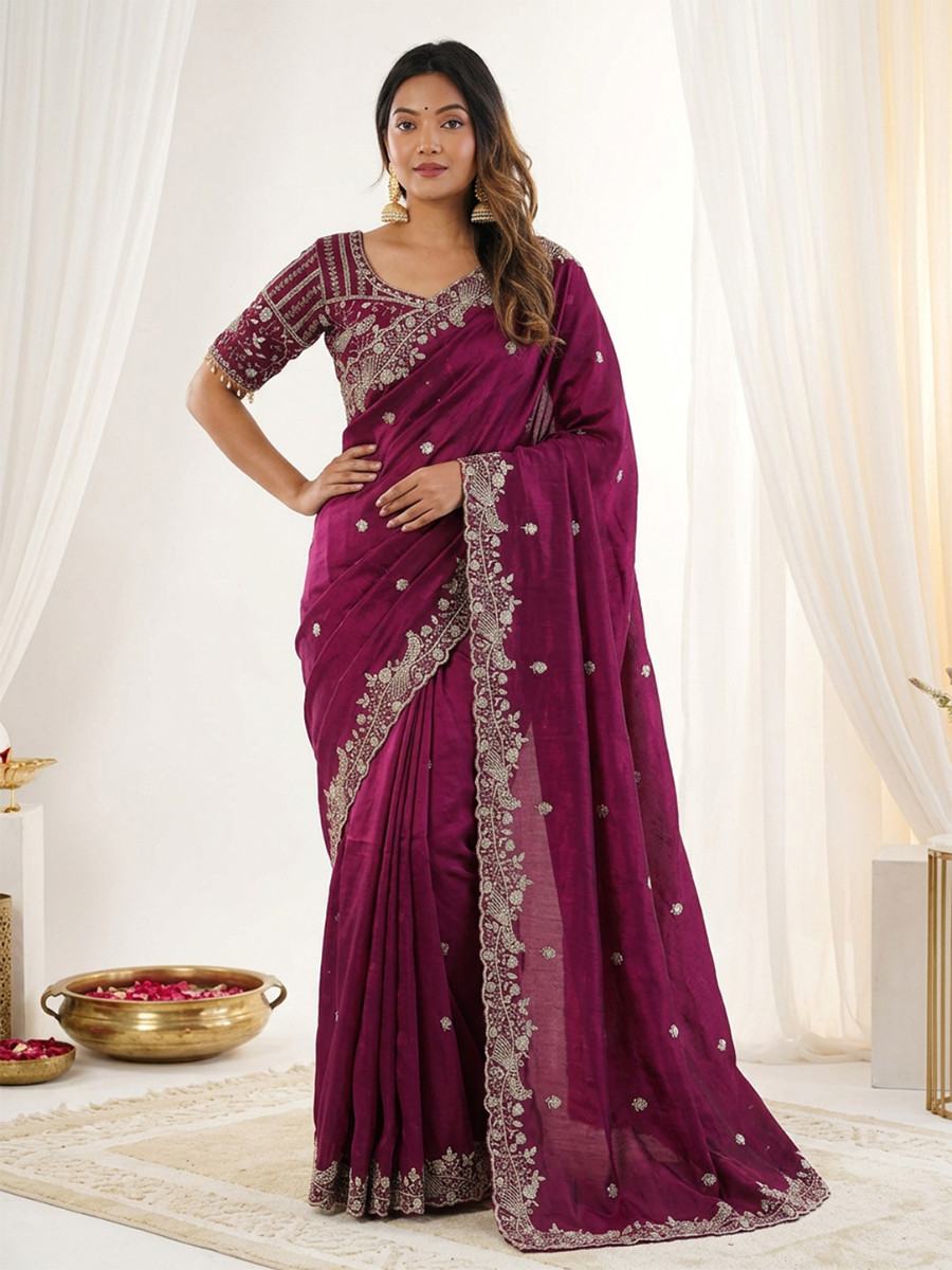 Maroon Fendy Satin Designer Embroidery Wedding Reception Party Festival Casual Heavy Border Sarees